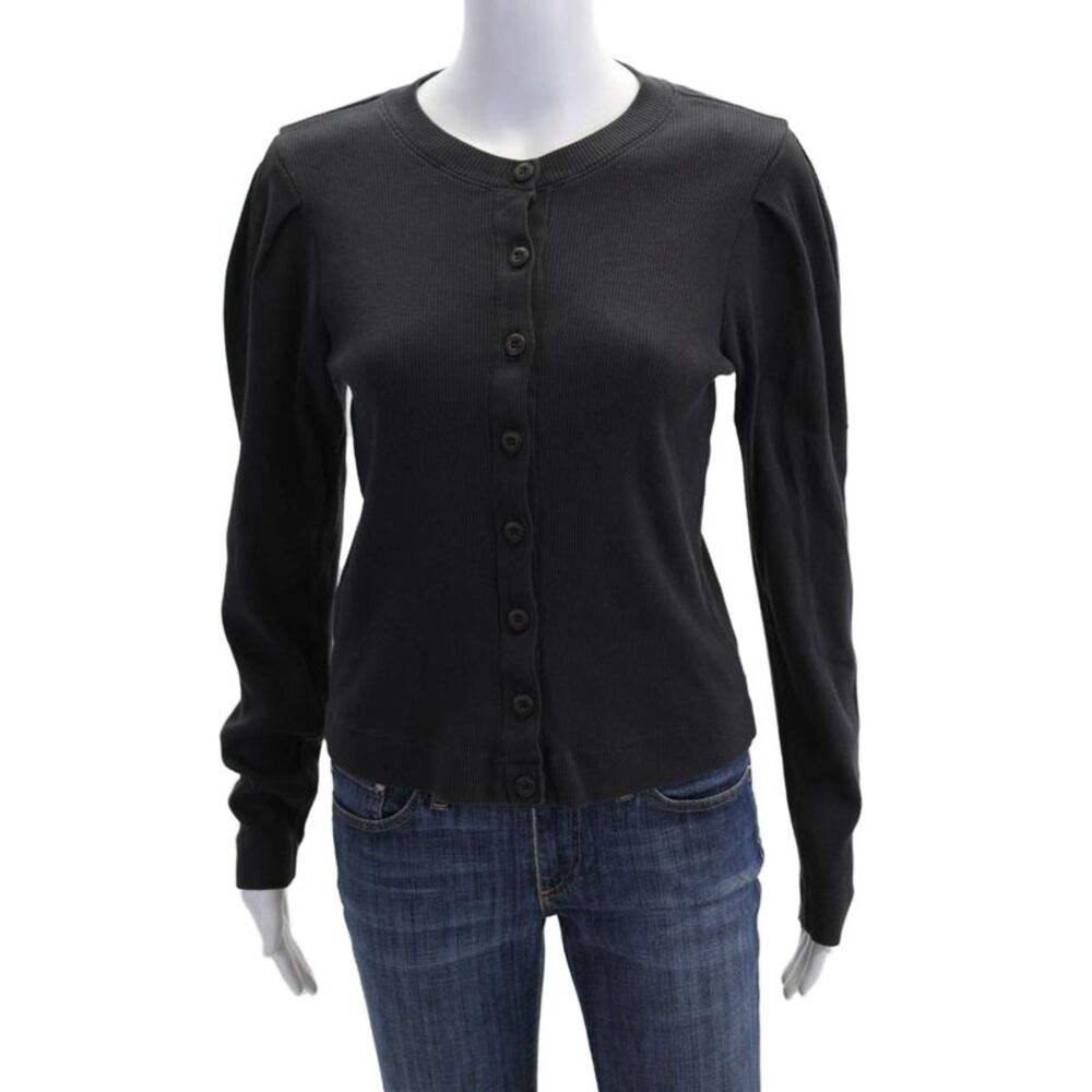 Amo Women Black Cotton Button Cardigan Crew Neck Long Sleeve Size L